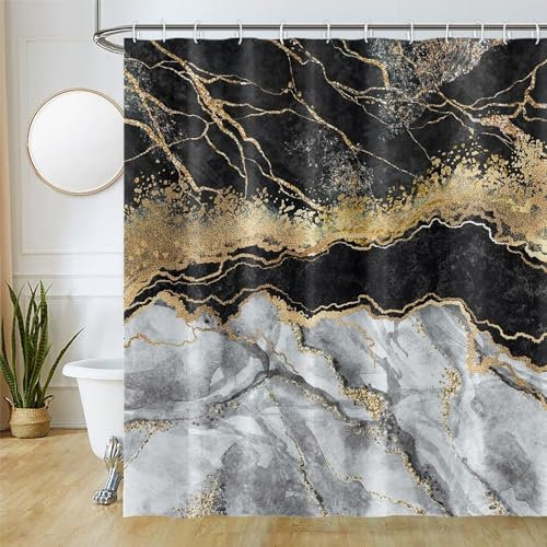 Uiiooazy Tenda Doccia Nere Oro, Tenda da Doccia Effetto Marmo Grigio Tenda per Doccia Antimuffa Impermeabile Tessuto in Poliestere Lavable Opaca Tenda per Vasca da Bagno con 12 Ganci 180Lx180Acm