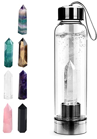 Tyuodna Crystal Quartz Glass Water Bottle, Healing Gemstone Bottle 550ml (Clear Crystal)
