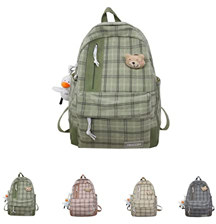 Kawaii Plaid Backpack,New Aesthetic Backpack Plaid School Bag,Outdoor Travel Students Grid Bag (Green)