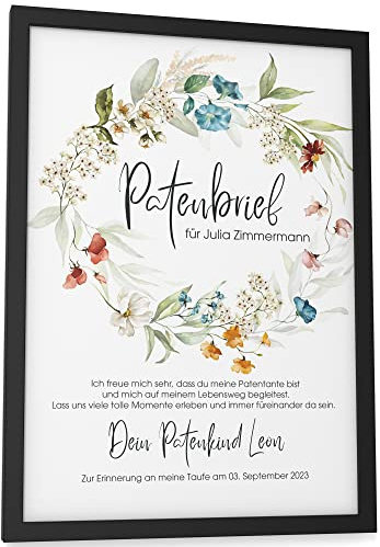 Papierschmiede® Patenbrief zur Taufe personalisiert, DIN A4 (21x30 cm) Rahmen wählbar, Urkunde für Patenonkel oder Patentante, Geschenk für Paten Bild Baby Jungen Mädchen „Patenbrief Blumen“