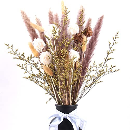 Pampasgras Getrocknet 63pcs Natürliche Trockenblumen Deko DIY Trockene Blüten Strauß,Pampasgras-Bouquet Schilfblume Deko Ideal for Boho Wohnzimmer-Schlafzimmer-und Vasen (LZGSGO-0103)