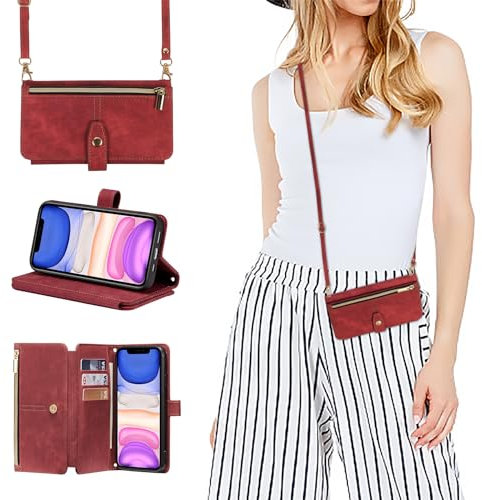 ZCDAYE Hülle für iPhone 11 mit Band Handykette, Leder Handyhülle Handytasche mit Kartenfächern Frauen Brieftasche Klapphülle zum Umhängen Tasche iPhone 11 (6.1 inches),Rot