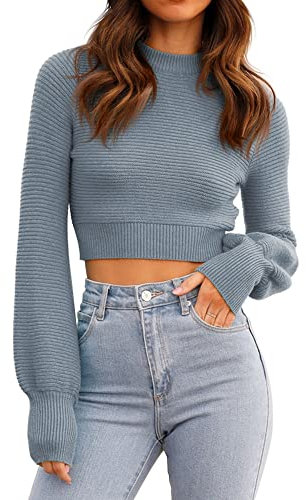 GeGekoko Womens Jumpers Sweatshirt Sexy Crew Neck Cropped Sweaters Ribbed Knit Long Sleeve Crop Tops Pullover Grey