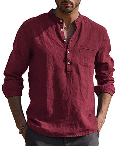 Kvruhuiy Leinenhemd Herren Langarm Baumwolle Hemd Herbst Winter Freizeithemd Men's Shirt Weinrot L