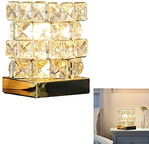 Chao Zan Nachttischlampe Kristall Tischlampe E27 Modernes Nachtlicht K9 Kristallglas Mit Metallrahmen Tischleuchte Metall Glas Lampenschirm kreativ Für Schlafzimmer, Wohnzimmer, Esszimmer, Golden