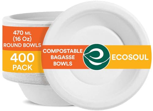 ECO SOUL 400 Pearl White Round Paper Bowl 470 Ml(16Oz) Disposable Bagasse Bowls,100% Compostable, Eco Friendly Paper Bowl for Hot Food Alternative to Plastic Bowls