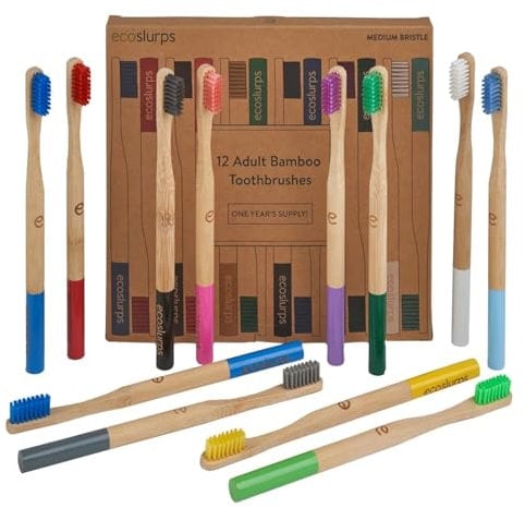 EcoSlurps 12 Bambus-Zahnbürsten - Bambus Zahnbürste Multipack biologisch abbaubar toothbrushes (12 Adult, multi-colored)