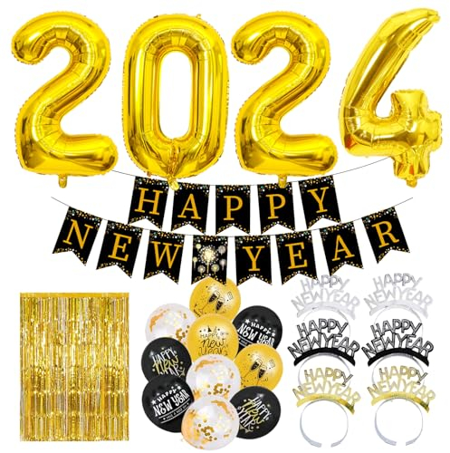Silvester Party Dekoration Set , Silvester Deko, Luftballon Dekoration Set, Happy New Year folienballon,Silvester Party Deko, Black Gold Happy Neujahr Deko, Silvester Party Dekoration