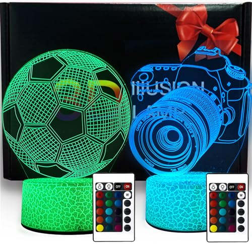 ZQX 3D Nachtlicht für Kinder, 2 Stück 3D Optische Täuschung Fußball und Kamera LED Deko Lampe Akku, 16 Farben mit Fernbedienung - Perfekte Fußball Geschenke für Geburtstag Weihnachten und Neujahr