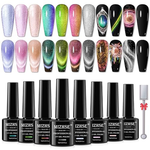 MIZHSE UV Nagellack Set 8 Farben Cat Eye UV Gel Nagellack Set, 9D Cateye Gel mit Magnet für Starter DIY Salon Kunst Nägel, Schwarzer Basis Nagelack 7ml 8er Pack