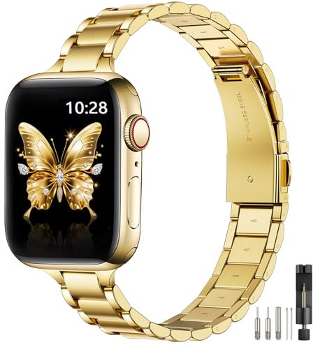 WFEAGL Slim Straps Compatible with Apple Watch Straps 40mm 38mm 41mm 42mm (Series 10),Slim Stainless Steel Replacement Strap Compatible with iWatch SE/Ultra/iWatch Series 10 9 8 7 6 5 4 3 2 1,Gold