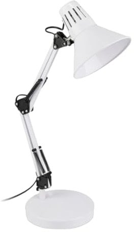 Lampada da Tavolo in Metallo con Braccio Pieghevole e Testa Girevole Attacco E27 Base Stabile Morsetto Incluso Ideale per Scrivania (Bianco)
