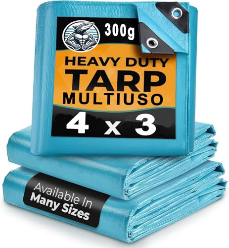 Lona con Ojales, Impermeable, 3 x 4m, 300 g/m², Cubierta con Ojales, protección contra Rayos UV y Lluvia, de PE para Barco, Coche, Piscina, jardín, Camping Azul+Negro