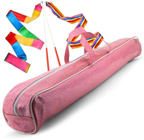 SIRCLES Twirling Taktstocktasche mit verstellbarem Schultergurt – Pink Sparkle Case für Majorette Marching Dance Taktstock – komplett mit 2 Regenbogen-Tanzbändern
