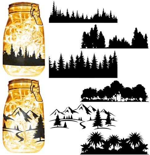 CREATCABIN 6Pcs Forest Silhouettes Mason Jar Decor Laser Cut Cardboard Scrapbook Cutouts Die Cuts Embellishments PVC for Crafting Lantern Jars Wall Painting Windows Glass Phones 7.9x3.5Inch-No Sticker