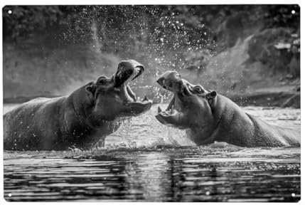 artboxONE Metall-Poster 30x45 cm Tiere Kämpfende Flusspferde von Künstler Uwe Merkel
