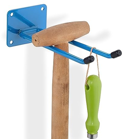 Relaxdays Gerätehalter Wand, Länge 24 cm, Doppelhaken, Wandhaken Garage, Werkstatt & Keller, Besenhalter Stahl, blau | Wandhaken Garage, Werkstatt & Keller, Besenhalter Stahl