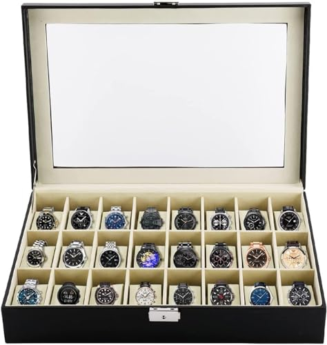 sports flyfree Uhrenbox, 24 Fächer Uhrenbox mit Schloss Uhrenbox, Aufbewahrungsbox, Uhrenorganisator mit Glasdeckel, Geschenk für geliebte Menschen