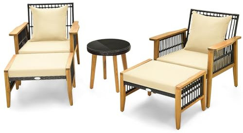 Multigot 5PCS Rattan Garden Furniture Set, Acacia Wood Outdoor Leisure Sofa Set with 2 Armchairs, 2 Ottomans and Tempered Glass Table, Wicker Sectional Bistro Set for Poolside Backyard