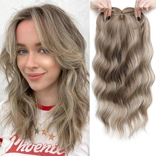 PORSMEER Aschblond Haartopper mit Spitze für Frauen,50cm wellige Locken Haartopper, Haarteile bei dünner werdendem Haar,Clip In Hair Topper Perücken Mittelscheitel, Haar Volumen hinzufügen (Aschblond)