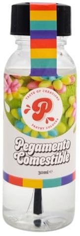 PASRTY COLOURS, Essbarer Kleber, Perfekt zum Aufkleben von Fondant, Essbare Backdekorationen für Torten oder Süßwaren, Einfache Anwendung mit Dosierpinsel, 30 Ml