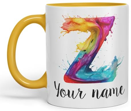 Vixar Personalised Letter Z Mug, Alphabet cusomized Custom Letter Z Monogram Watercolour Ceramic Coloured Mug Cup for Tea Coffee Hot Brew 330ml 11Oz Gift (G Yellow)