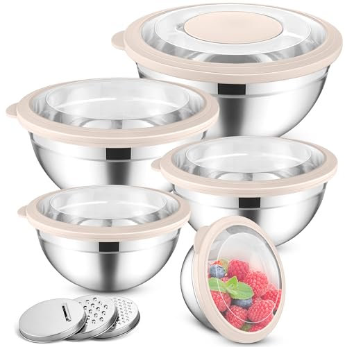 HaWare Lot de 5 saladiers en acier inoxydable avec couvercles hermétiques transparents et 3 embouts râpes pour la cuisson, 4,5 l/2,8 L/1,5 L/1,2 L/0,7 l, passent au lave-vaisselle, kaki