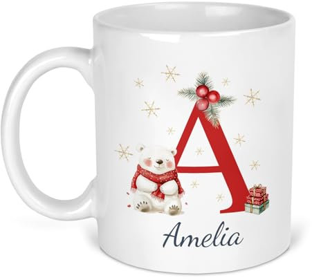 Personalised Christmas Mug with Initial & Name - Custom Festive Coffee & Hot Chocolate Mug - Perfect Xmas Gift for Christmas Eve Box, Secret Santa Present, Family, Friends, Kids, Mum, Dad (Polar Bear)