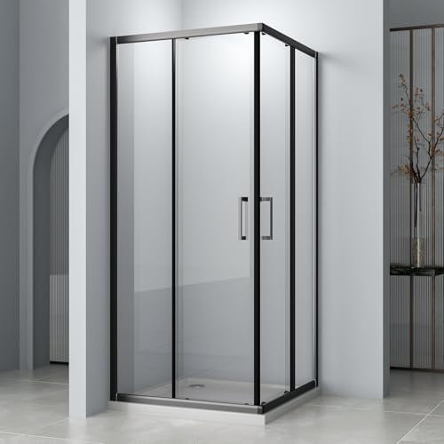 Duschkabine 90x90x185 cm Eckeinstieg mit Schiebetüren, 6mm ESG Glas Duschabtrennung Doppel Schiebetür, Über Einer Duschwanne Oder Fliesen Montiert, Schwarz