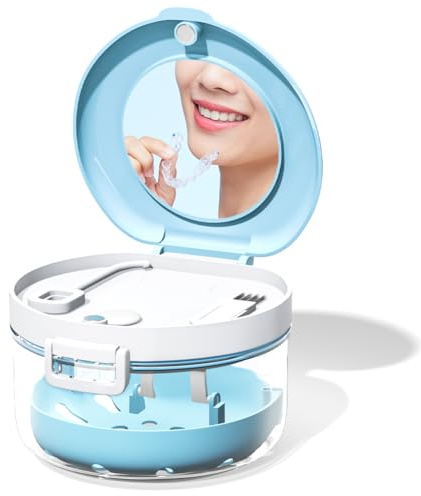 DENTSHIELD Zahnspangendose,Dental Pod für Zahnschiene,Magnetisch Prothesendose mit Spiegel Bürste, Zahnprothesen Box für Die Aufbewahrung und Zum Eintauchen Zahnersatz Reinigungsbäder