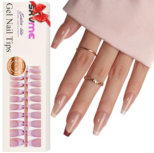 SXVME French Tip Nail Tips Long Coffin, Multi-Color French Tip False Nails Tip, Natural Nude Brown Soft Acrylic Nail Tips, Skin Tone Pre-Colored Matte Press on Nails for Women DIY 150 Pcs