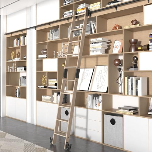 LKCBITION Escalera de madera de roble de 120 pulgadas con herrajes telescópicos negros en escalera deslizante de biblioteca, ruedas inferiores de freno (adecuada para altura de instalación de 114-3/4