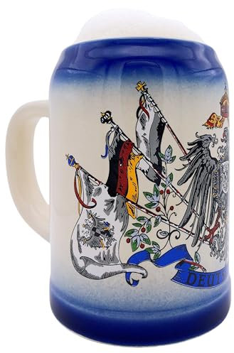 Crecontino Bierkrug Deutschland 0,5L Steinkrug Traditionelles Bierseidel Germany Beer Mug Geschenk für Papa Männer Geburtstag Bierfest (Blau)