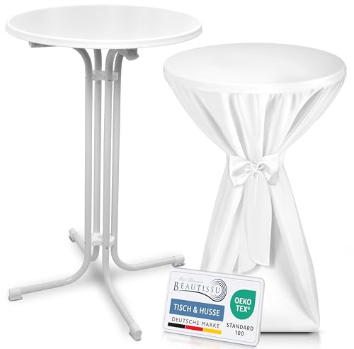 Beautissu Stehtisch klappbar mit Stehtischhusse & Schleifenband rund | 70cm Weiß Wetterbeständig Outdoor Bistrotisch Kratzfest UV-beständig Husse rutschfest waschbar Weißer Premium Bellini