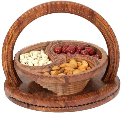 Celuicion Cesta plegable de frutas secas de madera con asa | 4 piezas redonda plegable cesta de frutas de madera plegable para dulces, frutas y frutos secos