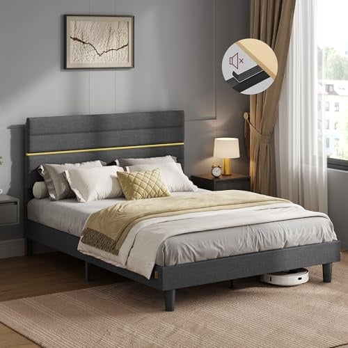 VASAGLE Marco de Cama Matrimonial, Marco para Colchón de 135 x 190 cm, Cabecero Acolchado Ajustable, Metal y Madera, Estilo Moderno, Gris Pizarra RMB506GN01