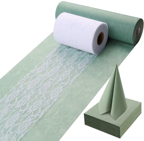 ddckj Vlies Tischläufer Eukalyptus Grün 30 cm x 35 m Tischläufer Grün Salbei Weiße Dekorative Spitzenbänder und Servietten Tischdeko Set für Taufe Kommunion Konfirmation Hochzeit und Geburtstag