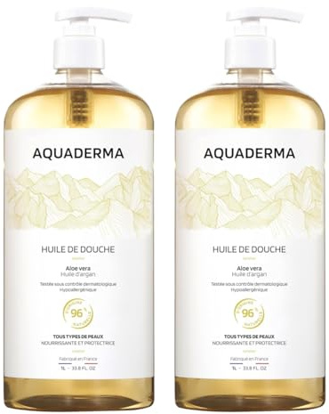 Aquaderma - Huile de douche - Aloe Vera et Argan - 2x1L | 96% Origine Naturelle - Fabriqué en France - Nourrit et Protège - Visage et Corps - Hypoallergénique Toutes Peaux
