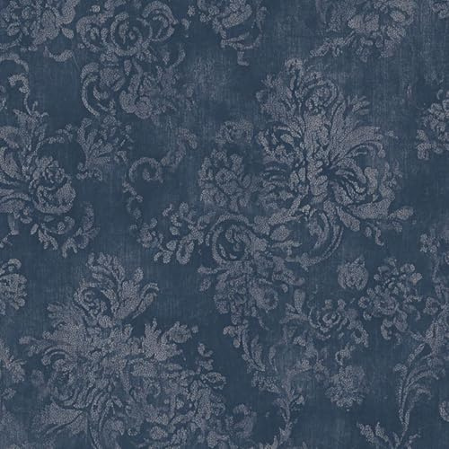 Self Adhesive Peel and Stick Wallpaper 58x300cm Elegant Navy Blue Floral Damask Subtle Silver Details Wall Paper Roll Waterproof Removable Contact Paper Vinyl Wrap for Furniture Living Room