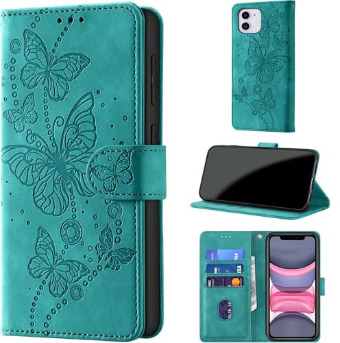 for iPhone 11 Wallet Case Flip, Turquoise | RFID Blocking, 3 Card Holder Stand, Shockproof TPU Shell, PU Leather Magnetic Closure