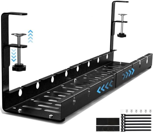 Canaleta para cables, escritorio de gestión de cables, escritorio sin taladrar, color negro, retráctil, 30,5 – 55 cm, soporte de metal ajustable, bandeja para cables, organizador de cables para la