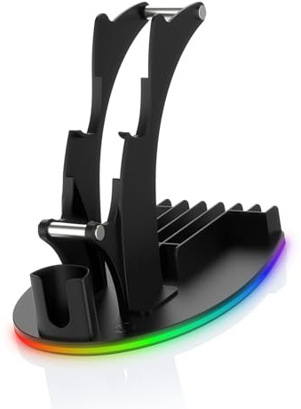 aqxreight 4 in Desktop Gaming Stand with RGB Lighting Controller and Headphone Holder for, Media Remote, and Game Discs Storage Sturdy ABS for Clutter-Free Gaming Setup (Black)