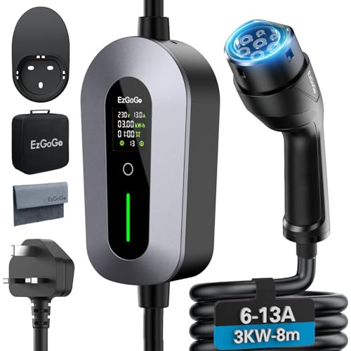 EzGoGo EV Charger Cable Type 2 to 3 Pin Plug 26.25Ft/8M Electric Car Charger 3kW, [6/8/10/13A] Type 2 Charging Cable 3 Pin EV Charger IP65 Advanced Protection Suitable for EVs & PHEVs