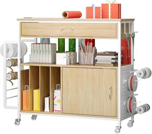 Geschenkverpackungsstation mit Höhenverstellung, rollbarer Geschenkpapierwagen mit Aufbewahrungsmöglichkeiten für Bänder und Geschenktüten, multifunktionaler Bastelwagen mit feststellbaren Rollen