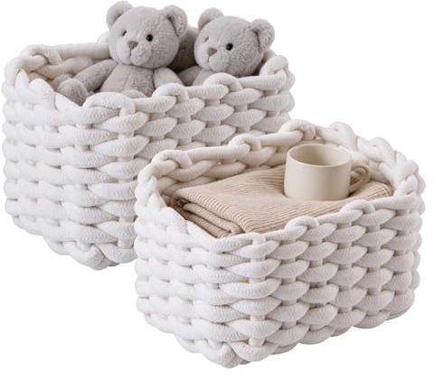 2er Set Aufbewahrungskorb Geflochten Baumwolle Strickkorb, Kleiner Korb Badezimmer Organizer, Wickeltisch Organizer Klein Körbchen Aufbewahrungskörbe, für Schrank Badezimmer Kinderzimmer (Weiß)