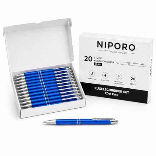 NIPORO Metall Kugelschreiber 20er Pack aus Aluminium, blaue Tinte, Druckkugelschreiber mit Jumbo-Mine, elegante Schreibstifte für Büro, Schule, Meetings, Empfang & Homeoffice (25, Blau)