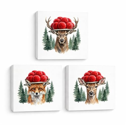 speecheese 3er Set Holzbilder in 20x20 cm Schwarzwald Bollenhut Tier | 3er Set mit Hirsch, Fuchs und Reh im Bollenhut, Holzdeko mit weißem Grund, 4 cm dick, zum Stellen oder Aufhängen