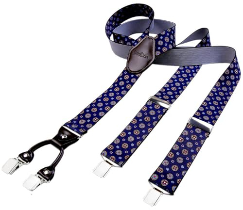 DonDon bretelles hommes larges 3,5 cm avec 4 clips extra-fortes et patch en cuir marron - bleu foncé