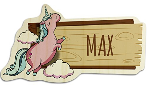 printplanet Türschild aus Holz mit Namen Max - Motiv Einhorn - Namensschild, Holzschild, Kinderzimmer-Schild