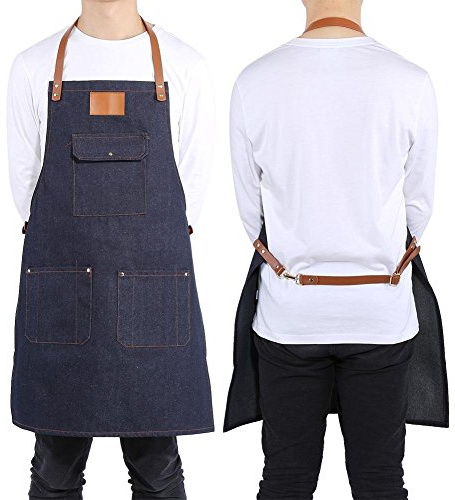 Dioche Delantal Cocina, Delantal con Bolsillos Babero de Mezclilla Delantal Correa de Cuero Baker Bartender BBQ Chef Trabajo Uniforme de Cocina para Cocinar/Hornear/Asar(78.00 * 68.00 * 2.00cm-Denim)
